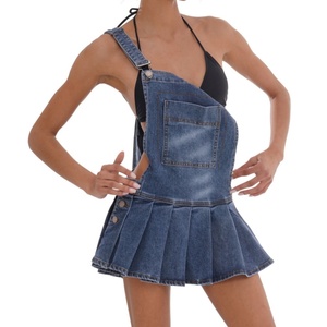 Vestido vaquero corto de verano personalizado con cuello redondo, lazo y cremallera trasera plisada azul a la moda - Product Image 1