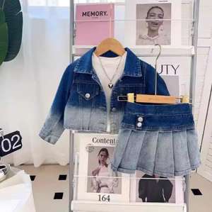 2024 nuovo Set di <span class=keywords><strong>abbigliamento</strong></span> per ragazze autunnali Set di gonna a rampa per bambini Set di gonna in Denim alla moda per ragazze Set di cappotti e gonna in due pezzi - Product Image 3