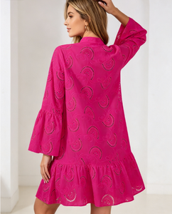 Robe décontractée fuchsia pour femme, style chemise, manches cloche, découpes ajourées, coupe ample trapèze, idéale pour la maison, la plage, les cocktails et les occasions spéciales - Product Image 3