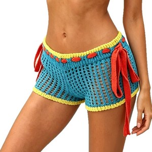 Shorts de mujer elegantes, sexy, tipo pareo de bikini, novedad transfronteriza 2026, parte inferior de traje de baño con cordón, calados, de playa, color liso - Product Image 5