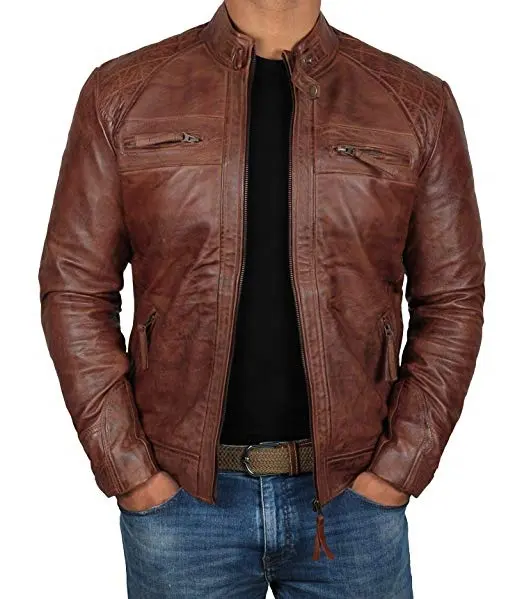 Chaqueta de cuero desgastado para hombre, piel de cordero auténtica, Material de alta calidad, precio al por mayor