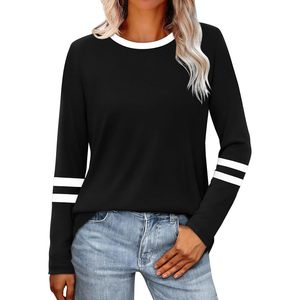 FOXA Women's Long Sleeve Shirt Black Contrast Color Casual Top Everyday Wear 100% Cotton Knitted Elastic Fit - Product Image 2