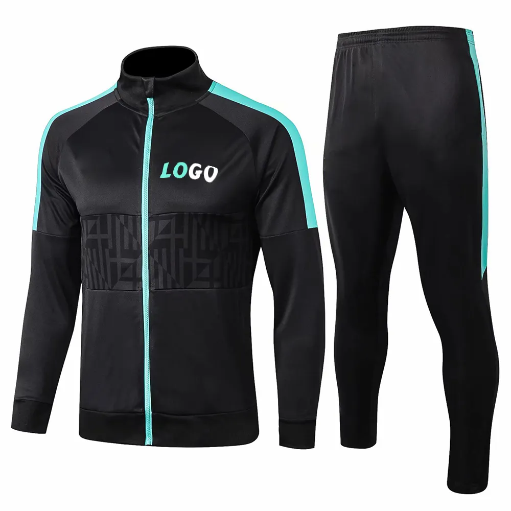 HOSTARON Set pakaian olahraga pria, jaket sepak bola dengan LOGO cepat kering warna hitam, setelan olahraga sepak bola kosong
