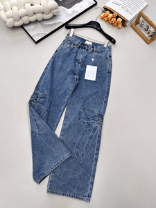 High Waisted Wide Leg Cargo Denim Jeans, Vintage Wash Utility Pocket <b>Pants</b> for Casual Street Wear - Product Image 3