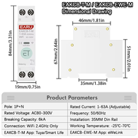 Disjoncteur intelligent WiFi Tuya EWeLink MCB 1P+N 63A avec relais temporisé, compteur d'énergie kWh, protection contre les surtensions et télécommande
