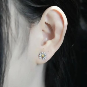 Stud Earrings Flower Daisy Rhinestone Silver Tone With Gold Center Party Jewelry For Women And Men - Product Image 4