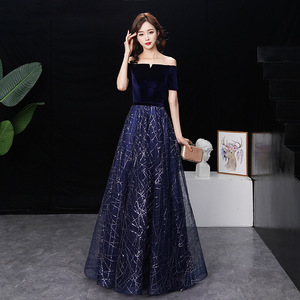 Women's Evening Dress Long Gradient A-Line O-Neck <b>Sequined</b> Formal Party Gown Dark Blue - Product Image 3
