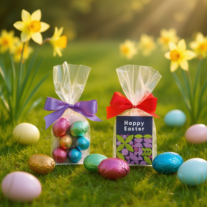 Mini uova di cioccolato di Pasqua in sacchetto con involucro colorato in lamina e nastro, confezione regalo per la festa primaverile - Product Image 3