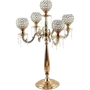 Thuis Decoratief Metaal 5 Armen Bruiloftsfeest Kandelaar Goud Bruiloft Tafel Centerpieces Kristallen Kandelaars