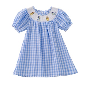 Robes en coton brodées à carreaux bleus pour filles en bas âge, vêtements à smocks pour le printemps et l'été, manches courtes, vêtements personnalisés - Product Image 4