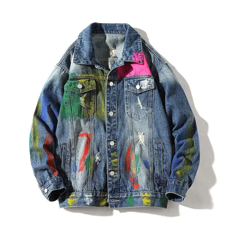 Liluo Hip Hop Graffiti Denim Veste Hommes Streetwear 2024 Col Montant Designer Déchiré Coupe Ample Jean Veste Hommes Rock style veste