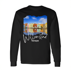 T-shirt a maniche lunghe Willemstad Curacao con design colorato del paesaggio urbano - Product Image 2