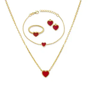 925 Silver Women Jewellery Bracelet Necklace Ring Earring Red Agate Heart Jewelry Set