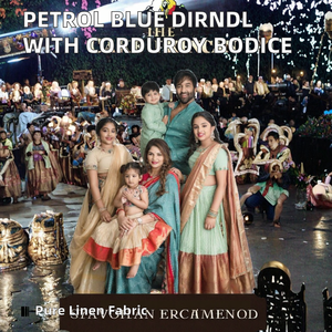 ชุดเดรสทรงดีร์นด์ลสีน้ำเงินเข้มทรงเข้ารูปสำหรับผู้หญิง ยี่ห้อ JRL รุ่น Nellie พร้อมเสื้อท่อนบนผ้าคอร์ดูรอยและผ้ากันเปื้อนผ้าลินิน ผลิตใหม่เพื่อฉลองครบรอบ 25 ปี รับผลิตแบบ OEM/ODM - Product Image 2