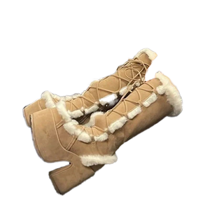 Bottes Western à lacets pour femme, grande taille, hiver-automne, à embout d'acier, fourrées, style romain, hauteur genou, plateforme, talon épais, en fourrure rose - Product Image 1