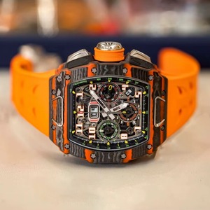 Montre mécanique chronographe squelettée robuste, boîtier en fibre de carbone, bracelet en caoutchouc orange, montre pour homme - Product Image 2