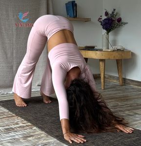 最新快適Vネック長袖トップスタイトレギンス2ピースフィットネススポーツスーツ女性用ハイストレッチグリーンヨガセット - Product Image 5