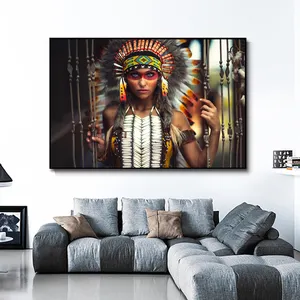 Colorful Feathered Women Canvas Painting Girl Portrait Canvas Posters Prints Wall Art Picture for Living Room Home Decor