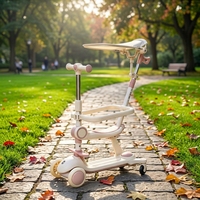 Trottinette multifonctionnelle 3-en-1 pour enfants avec poignée de poussée, pare-soleil, base stable, roues lisses, matériau écologique, trottinette d'extérieur pour tout-petits