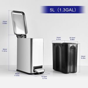5L Basics Stainless Steel Rectangular Soft-close Garbage Bin <b>Step</b> Trash Can Pedal Bin with Foot Operated - Product Image 5