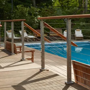 Modern Design Timber Handrail Brushed Stainless Steel Post 4mm Cable Wire Deck Railing From Foshan Factory