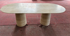 Table à manger ovale en travertin beige crème italien, sur mesure, en pierre naturelle de luxe, avec piédestal conique, pour cuisine et extérieur - Product Image 5