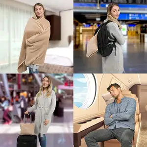 BSCI Custom 4-in-1 Portable Folding Packable Airplane Travel Blanket Soft Plush Travel Pillow Blanket Zipper Pouch Knitted Dot
