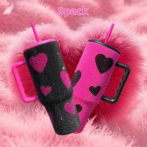 Paquete de 8 Tazas de Viaje de Acero Inoxidable de 40 oz con Logotipo Personalizado, Diseño de Corazón, Adornadas con Pedrería, con Asa, Tapa y Pajita - Product Image 1