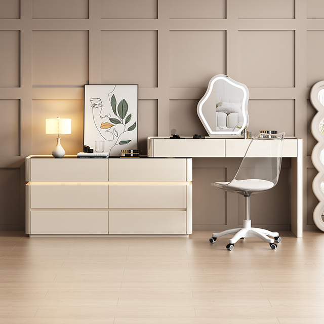 Luxury Modern Dressing Table with Glass Top Lighted Mirror Stool Multi-Purpose Vanity Desk for Bedroom Makeup