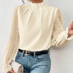 2024 Autumn Winter New Women's Tops Stand Neck Splicing Design Chiffon Long-sleeved Blouse Shirt