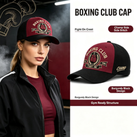 Casquette de baseball structurée bicolore bordeaux et noir avec broderie 3D « Fight on Crest » pour club de boxe, idéale pour la gym et l'entraînement