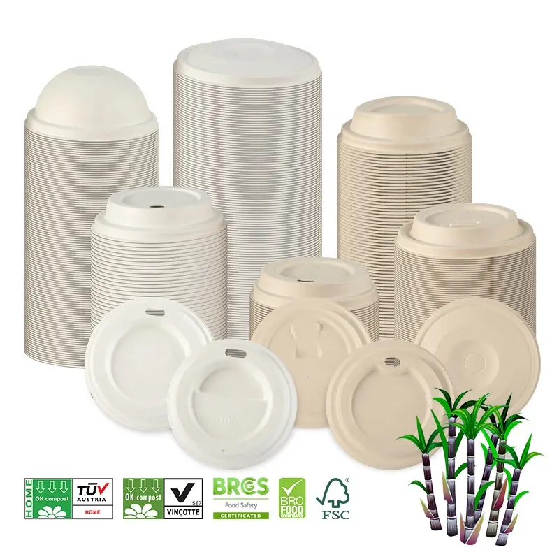 Biodegradable Lids Eco Friendly Biodegradable Compostable Cups Cover Sugarcane Bagasse 90 Mm Round Cup Eith Lid For Smoothie And Coffee