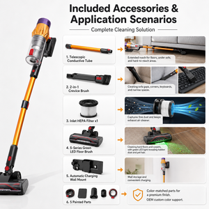Aspirateur balai sans fil 650W, forte aspiration 38KPa, moteur sans balais, batterie 2200mAh, filtre HEPA, brosse de sol LED verte, OEM/ODM - Product Image 3