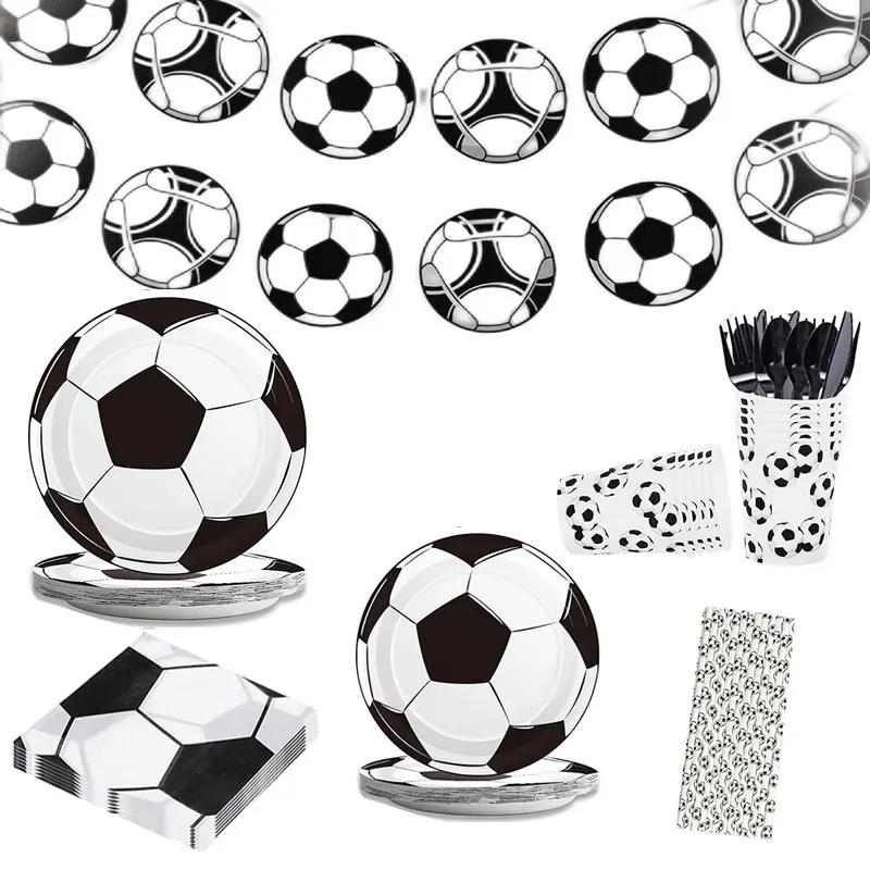 Vaisselle de fête à thème de Football en gros, assiette de Football, serviettes d'anniversaire pour enfants, tasse de dessin animé, fournitures de fête de Baby Shower, décor