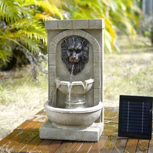 狮头太阳能壁式喷泉，带备用电池-室外壁挂式瀑布露台和花园装饰功能