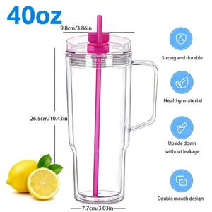 Custom logo <b>Large</b> Capacity DIY with Handle Reusable Double-layer Plastic Straw <b>Cup</b> for Smoothie Cocktail Beer Soda Fruit Juice - Product Image 2