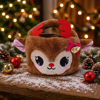 Panier de Noël en peluche renne mignon en gros, sac à bonbons de Noël personnalisé en fausse fourrure pour enfants, sac fourre-tout cadeau de fête de Noël avec clochette