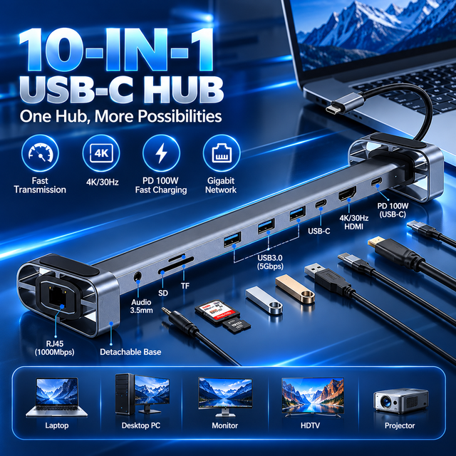 10 in 1 USB C Hub Docking Station with 4K HDMI VGA RJ45 Ethernet 100W PD USB 3.0 3.5mm Audio for Laptop
