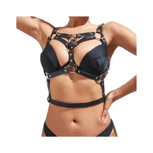 女式朋克黑色皮革文胸身体链胸带链人造革身体带可调节扣和o形环