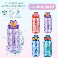 Botella Ecológica para Niños, Apta para Llevar al Colegio o de Viaje, 20oz, Plástico Resistente, con Asa, Pajita, Tapa Antiderrames y Boquilla Pop-Up