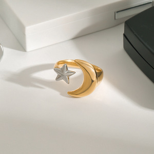 Star And Moon Motif <b>Ring</b> Gold And <b>Silver</b> Two Tone Adjustable Unisex Jewelry - Product Image 3