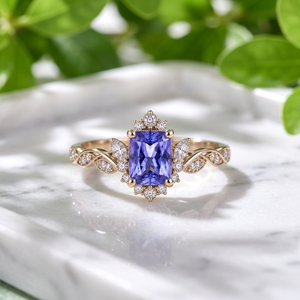 Anillo de Tanzanita con Corte Esmeralda, Plata de Ley 925, Anillo de Compromiso con Hoja Floral, Gema Azul Violeta, Joyería Personalizada - Product Image 3