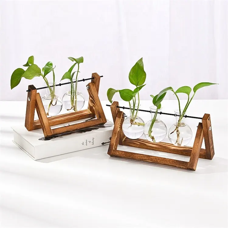 Plant Terrarium with Wooden Stand Air Planter Bulb Glass Vase Retro Tabletop for Hydroponics Home Garden Office Decoration