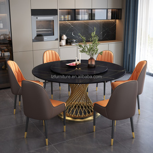 Ensemble de tables à manger rondes contemporaines avec plateau en dalle de roche, base en cage métallique dorée, 6 chaises rembourrées, meubles pour la maison, le restaurant, la villa - Product Image 6