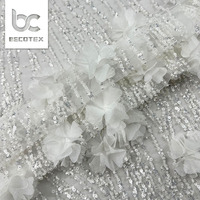 Tissu en dentelle française 2026, tulle blanc à paillettes, broderie florale 3D, tissu en dentelle pour robe de mariée