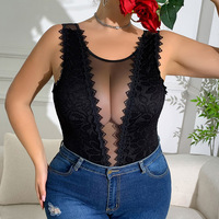 Haut une pièce sexy en dentelle noire à motif diamant, patchwork, coupe ajustée, grande taille, amincissant, sans bretelles, sans coussinets de poitrine, pour sorties