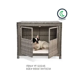 Wholesale Double Door Artificial Rattan Wicker Pet Dog Crate Animal Pet Furniture Cage Dog Bed Kennel House