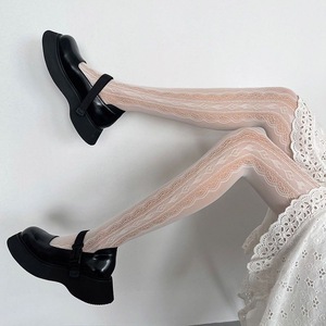 Lolita Style Hollowed Out Vertical Stripe Lace Heart Stockings For Women Ultra Thin 0D Transparent Black And White Netting - Product Image 3