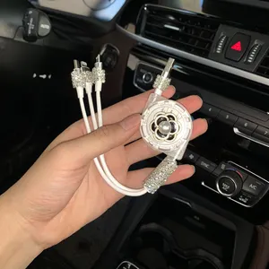 Bling Crystal Car Charger Charming Cute Auto Fast Charging with 1 in 3 Data Line Car Accessories