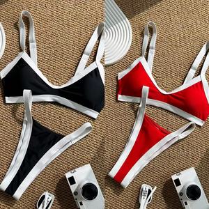 Conjunto de Bikini de 2 Piezas para Mujer, Diseño Cruzado con Tiras en Contraste, Tanga, Spandex/Nylon de Secado Rápido para Natación - Product Image 1